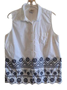St Johns Bay Womens Embroidered Sleeveless Top XL White/Blue